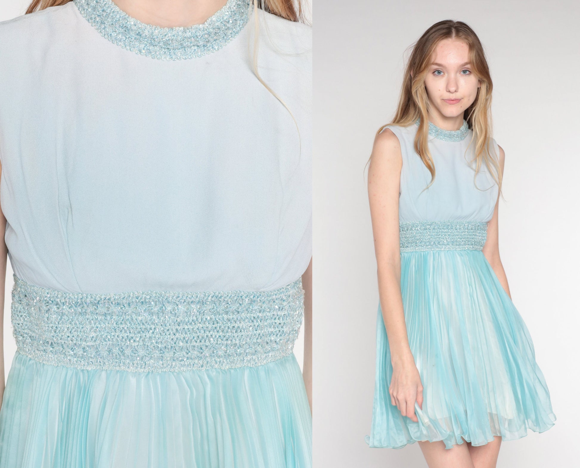 60s Blue Sparkly Empire Waist Mini Dress Sleeveless Pleated Cocktail Extra Small