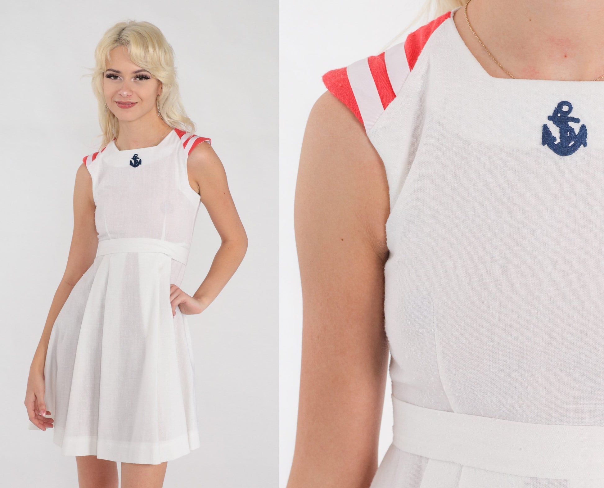 70s Nautical White Mini Dress Anchor Embroidered Red Striped Empire Waist XXS