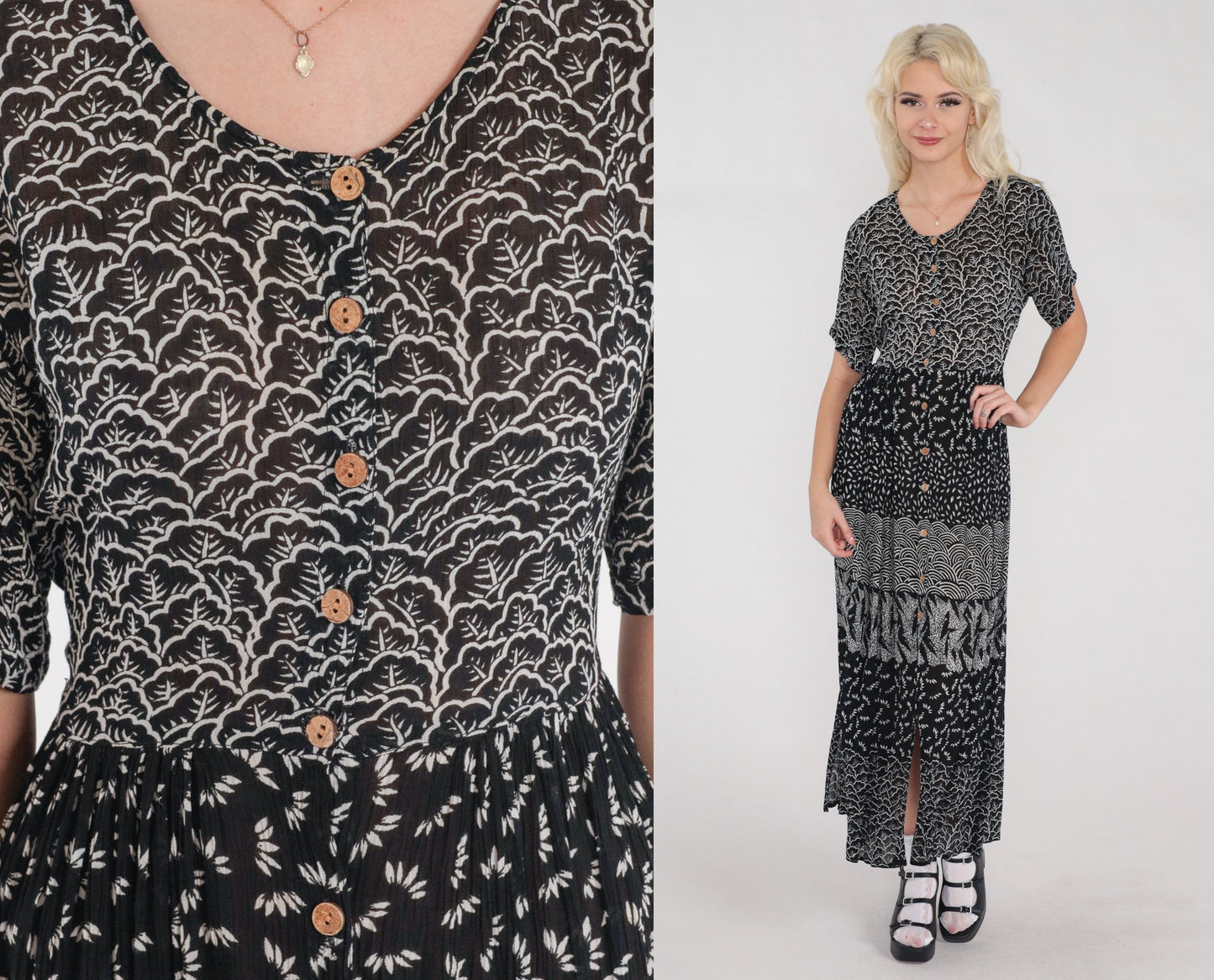 Y2K Black White Abstract Floral Maxi Dress Button Up Short Sleeve Small S