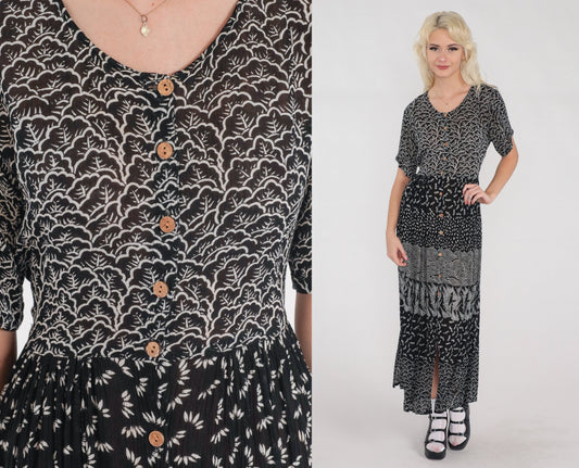 Y2K Black White Abstract Floral Maxi Dress Button Up Short Sleeve Small S