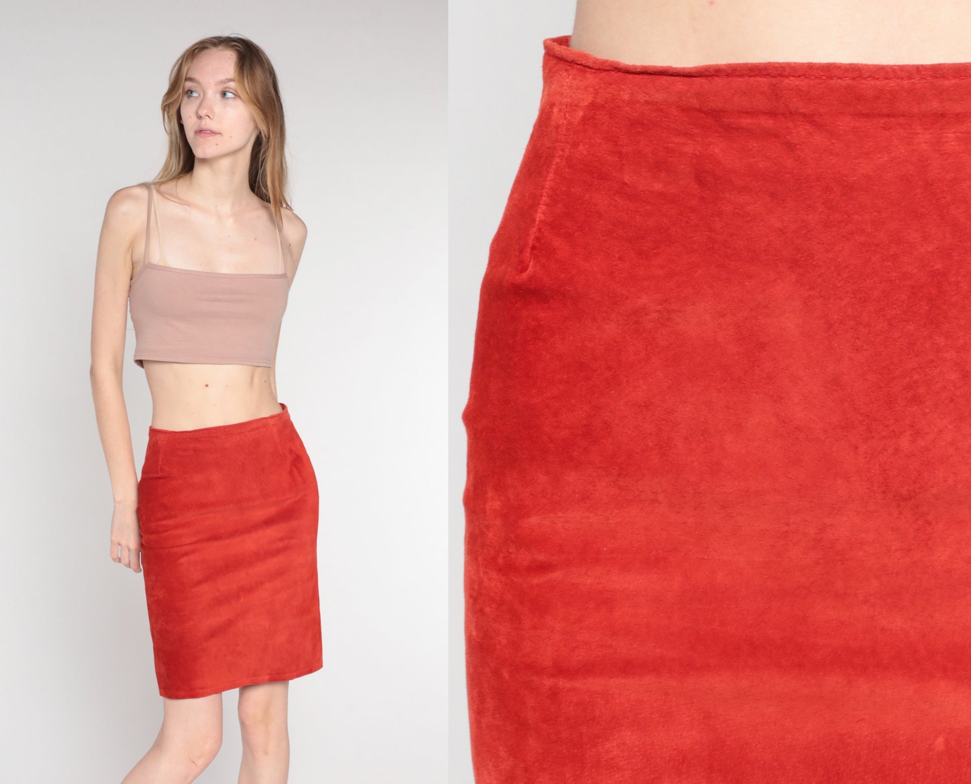 90s Rust Orange Suede Mini Skirt High Waist Pencil Cut Extra Small