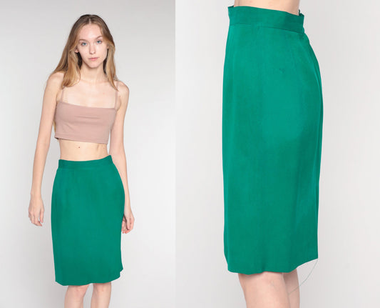 90s Green Silk Pencil Skirt High Waist Small 6