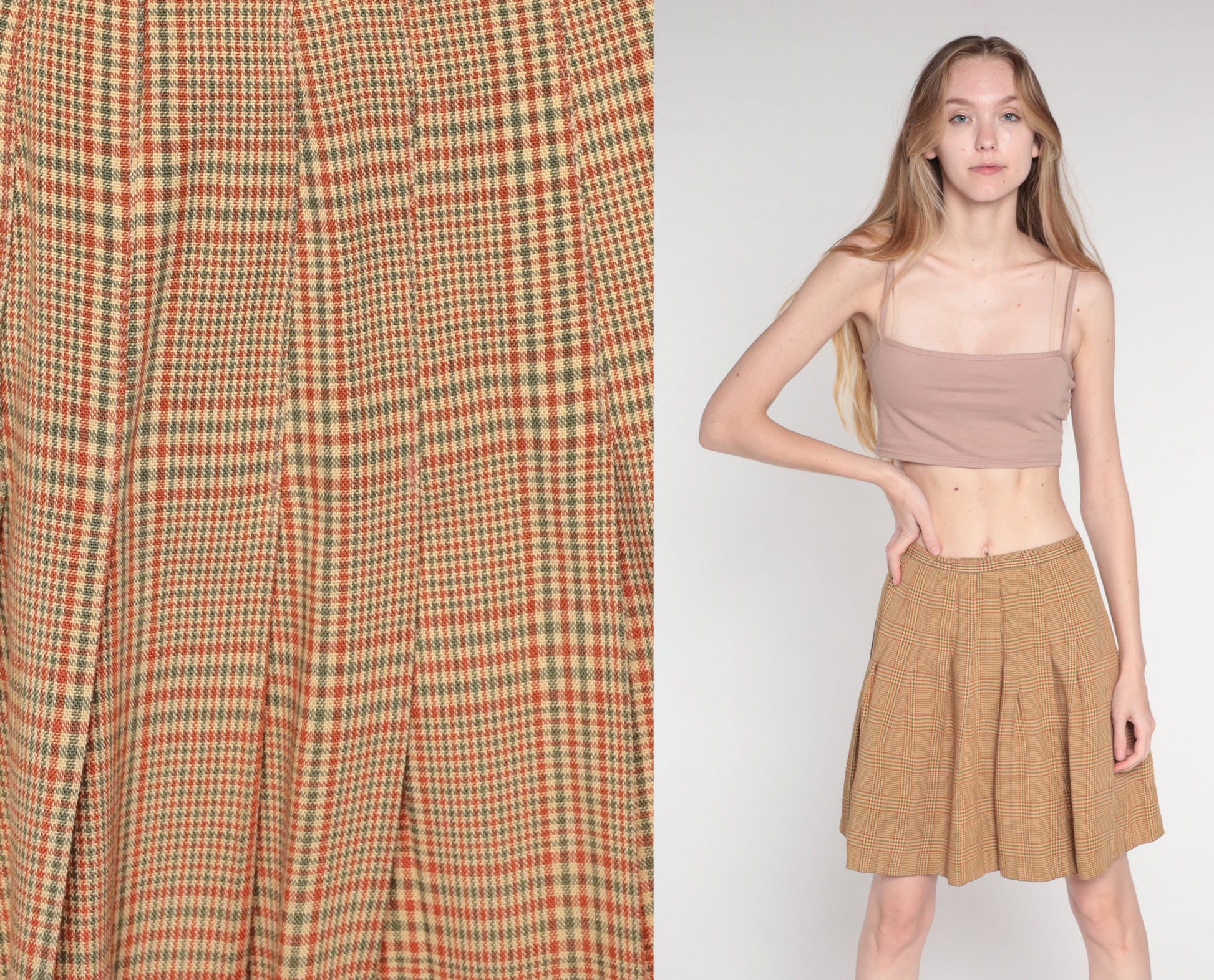 70s Plaid Mini Skirt High Waist Pleated Tan Orange Green Tartan Extra Small
