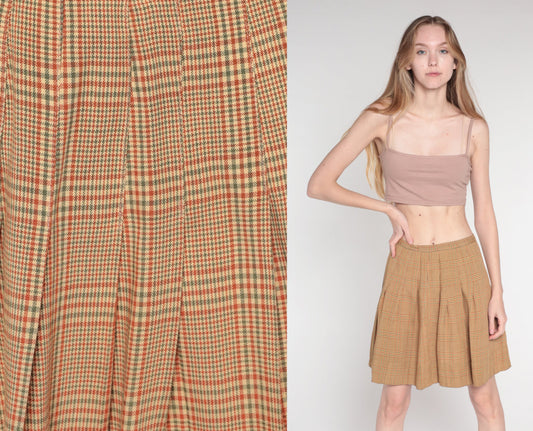 70s Plaid Mini Skirt High Waist Pleated Tan Orange Green Tartan Extra Small