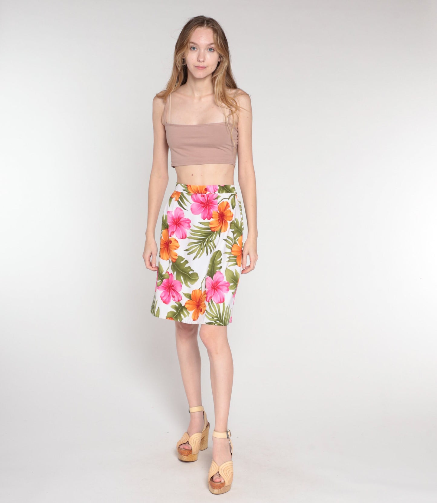 90s Tropical Floral White Mini Pencil Skirt High Waisted Small 6
