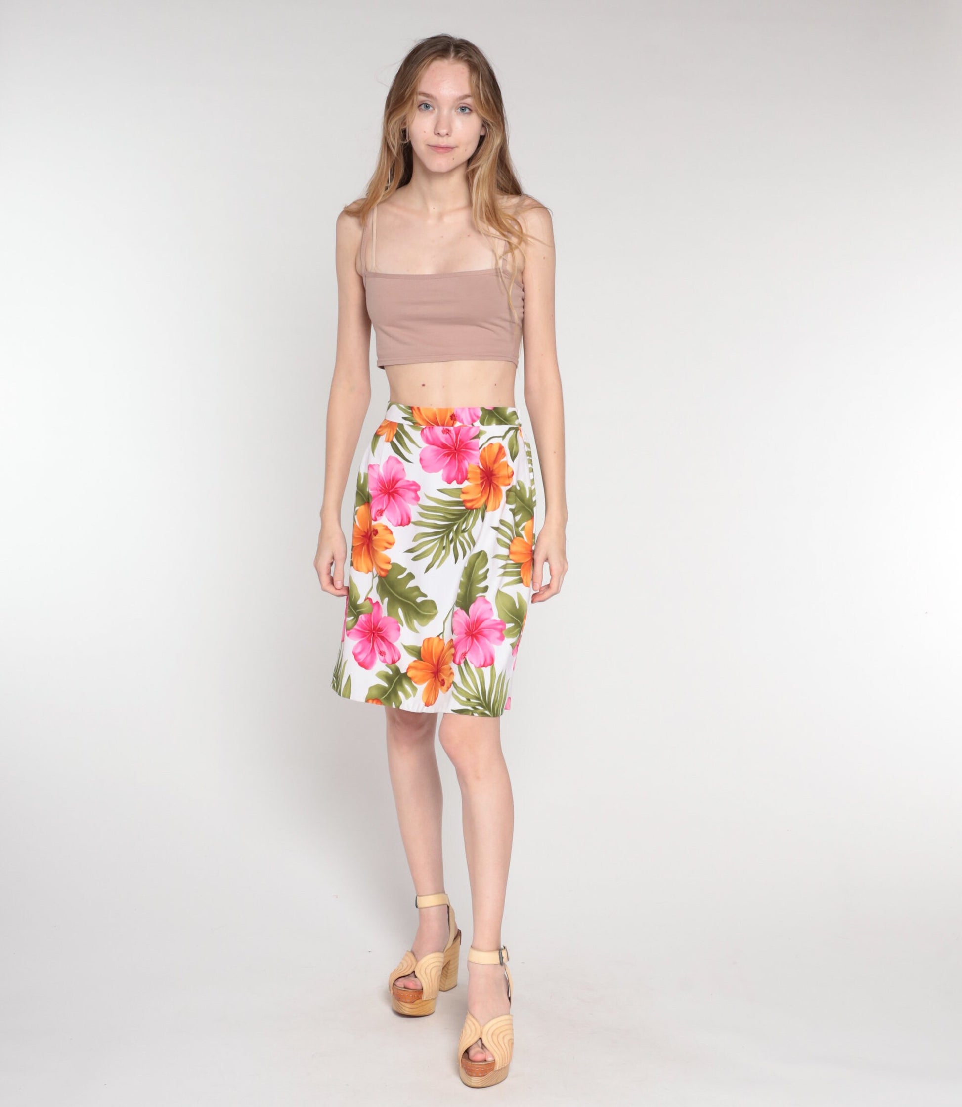 90s Tropical Floral White Mini Pencil Skirt High Waisted Small 6