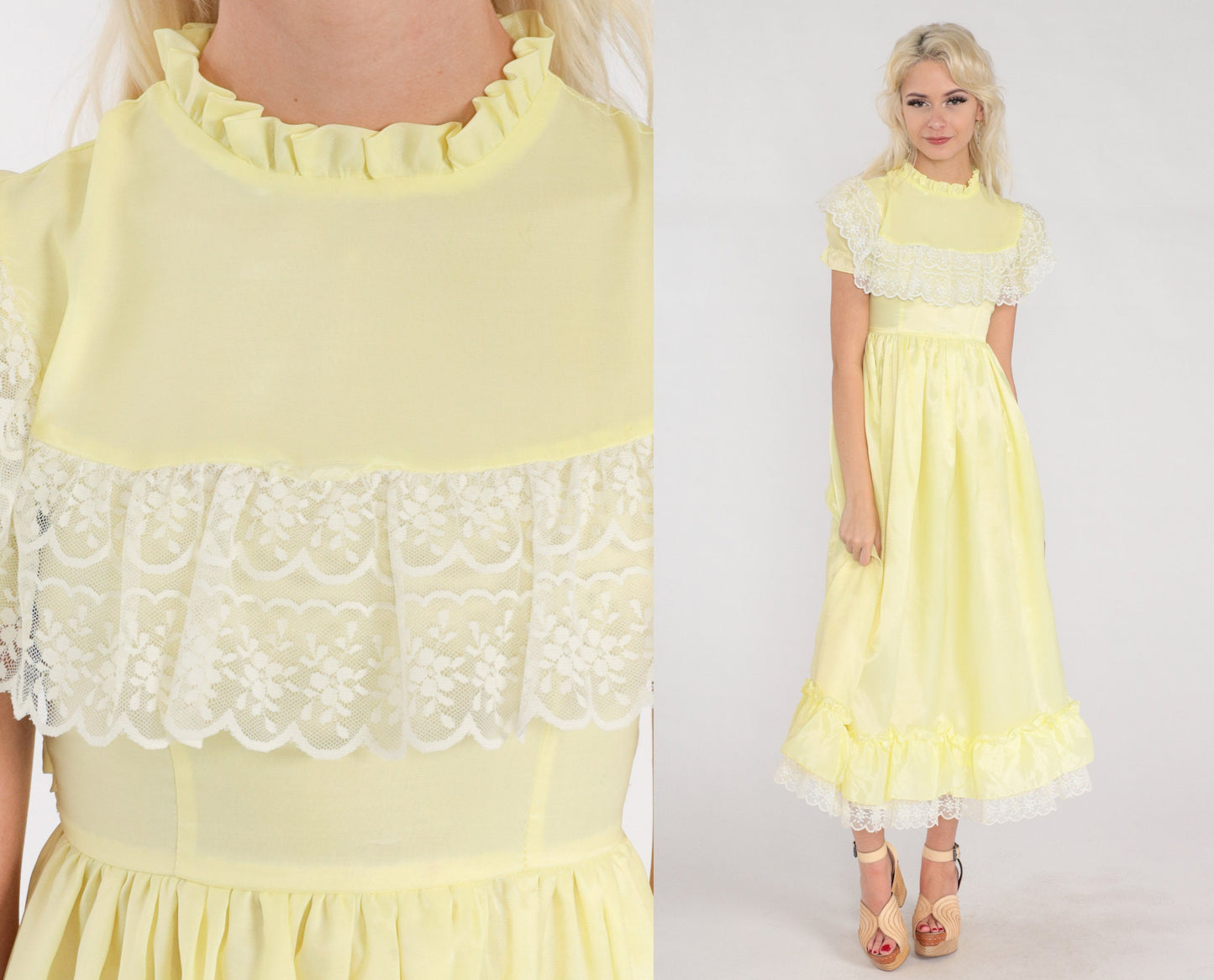 70s Yellow Midi Dress Lace Trim High Waist Puff Sleeve Ruffled Neck XXS