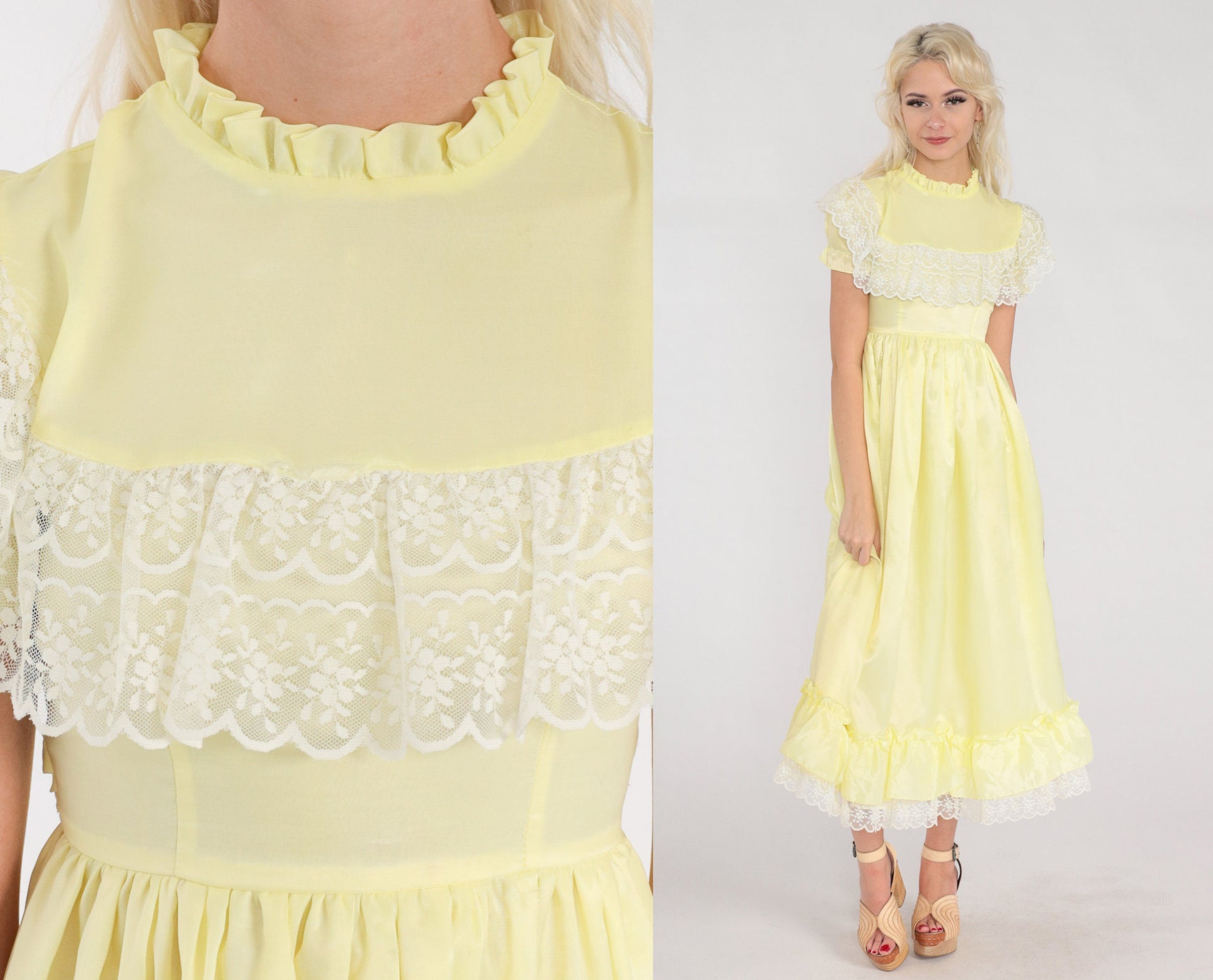 70s Yellow Midi Dress Lace Trim High Waist Puff Sleeve Ruffled Neck XXS