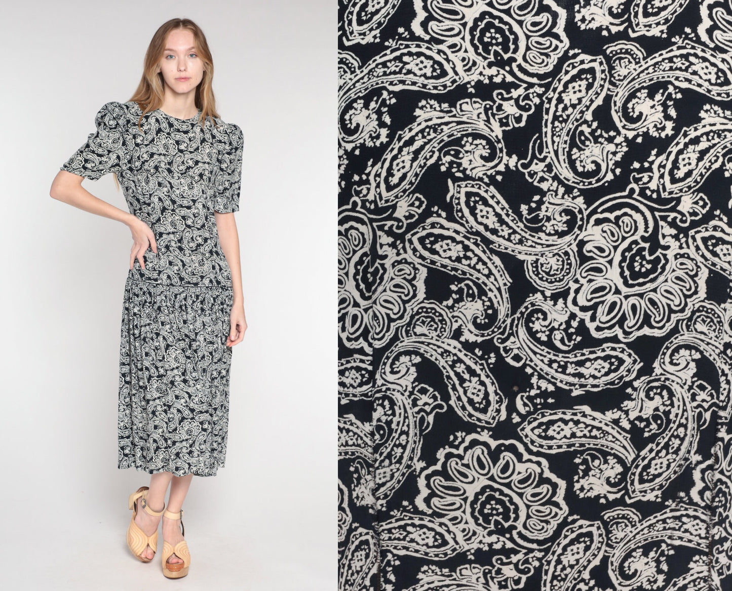 1990s Maggie London Black Paisley Maxi Dress Puff Sleeve Drop Waist Medium 8