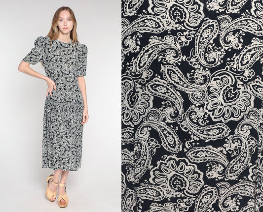 1990s Maggie London Black Paisley Maxi Dress Puff Sleeve Drop Waist Medium 8