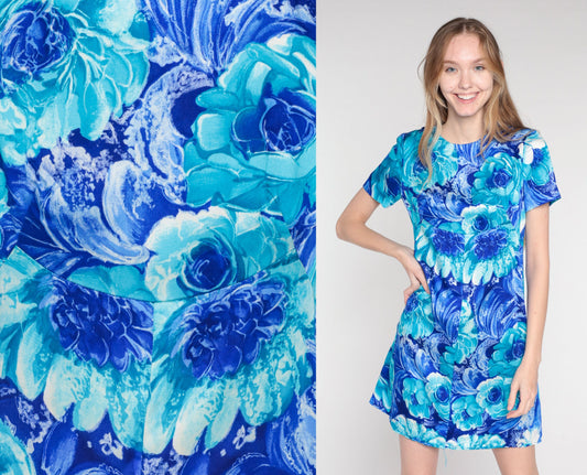 70s Blue Floral Rose Print Mini Dress Empire Waist Short Sleeve Small S