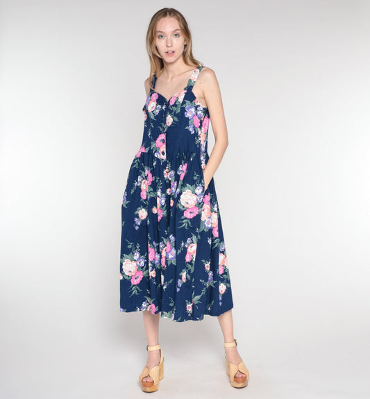80s Navy Floral Midi Dress Sweetheart Neckline Button Front Sleeveless Medium M