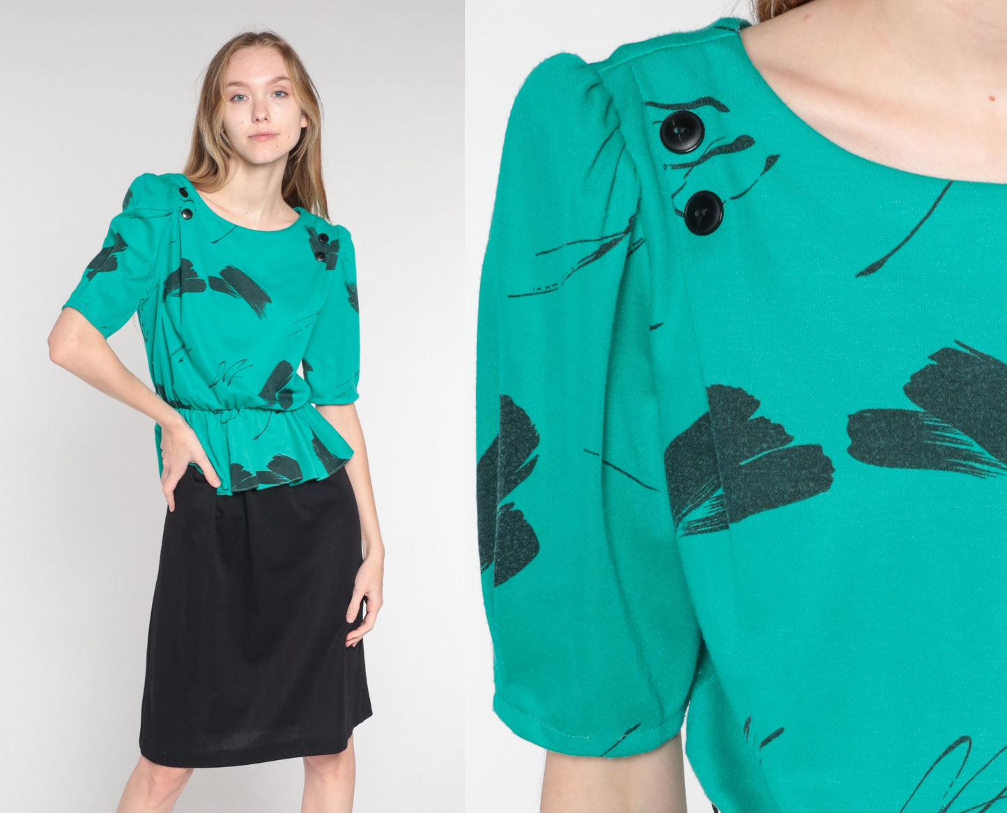 80s Peplum Midi Dress Black Green Brushstroke Print Puff Sleeve Small
