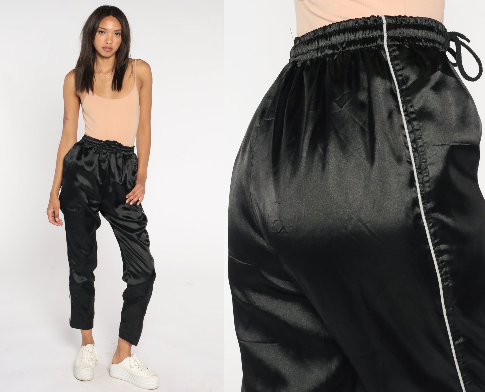 90s Black Track Pants White Stripe Shiny Joggers Small S