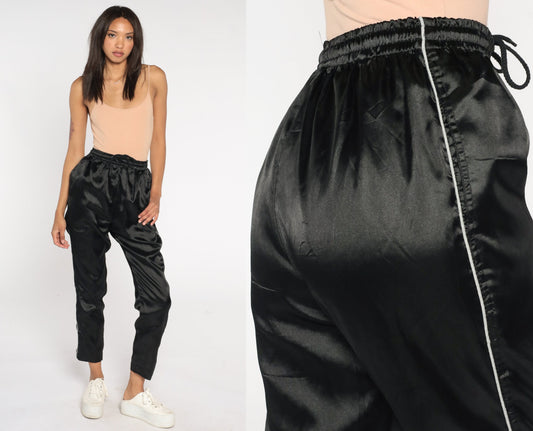 90s Black Track Pants White Stripe Shiny Joggers Small S