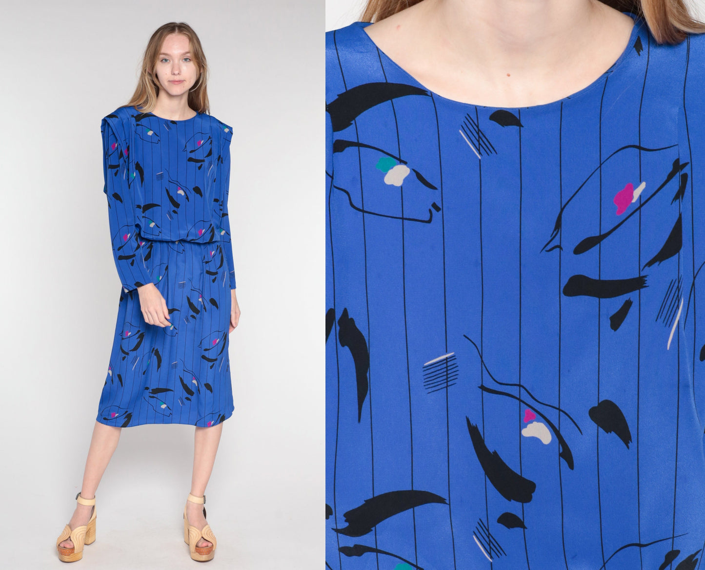 80s Blue Striped Abstract Blouson Midi Dress Long Sleeve Small
