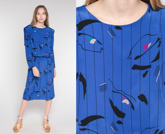 80s Blue Striped Abstract Blouson Midi Dress Long Sleeve Small