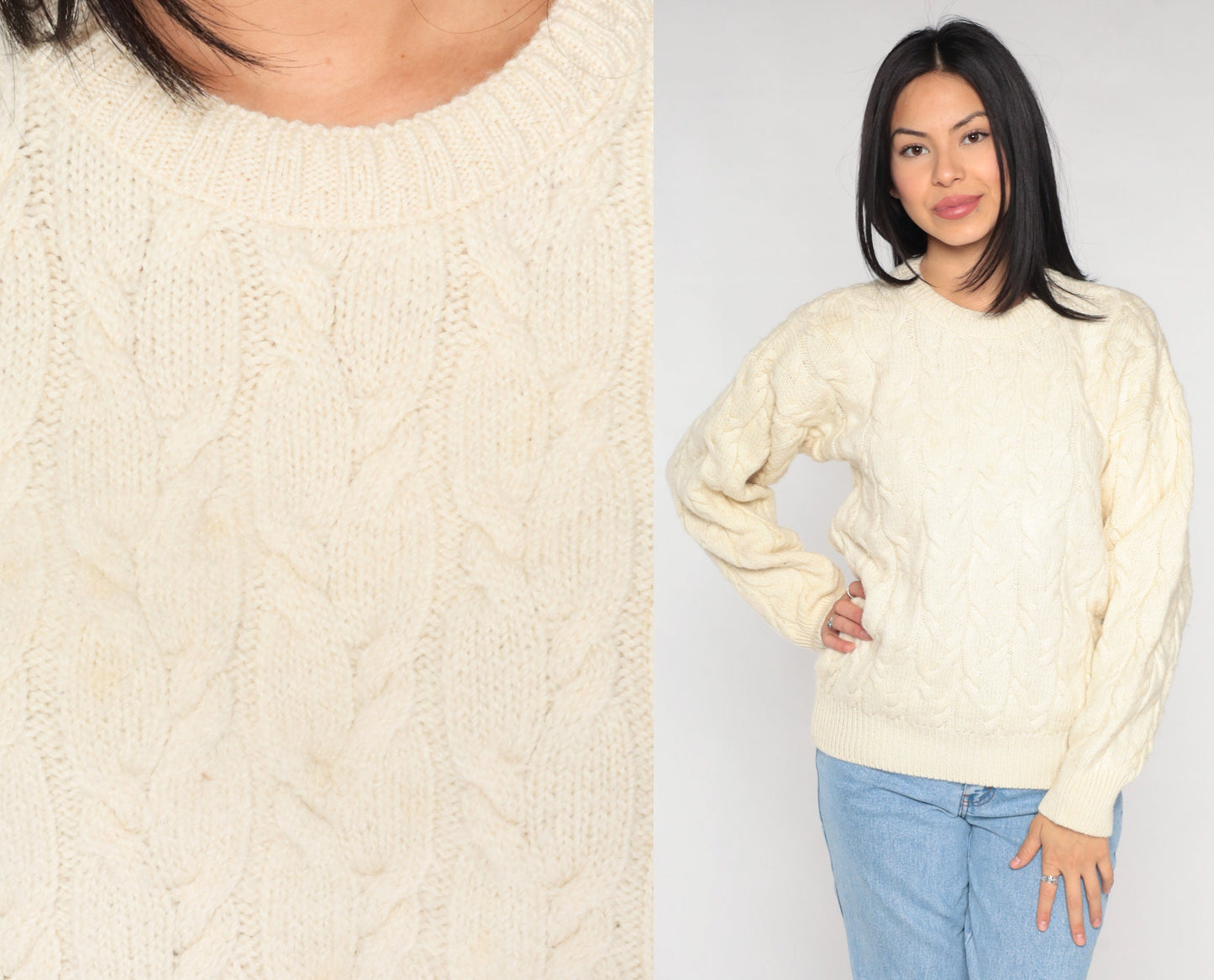 80s Australian Merino Wool Cable Knit Sweater Cream Crewneck Small