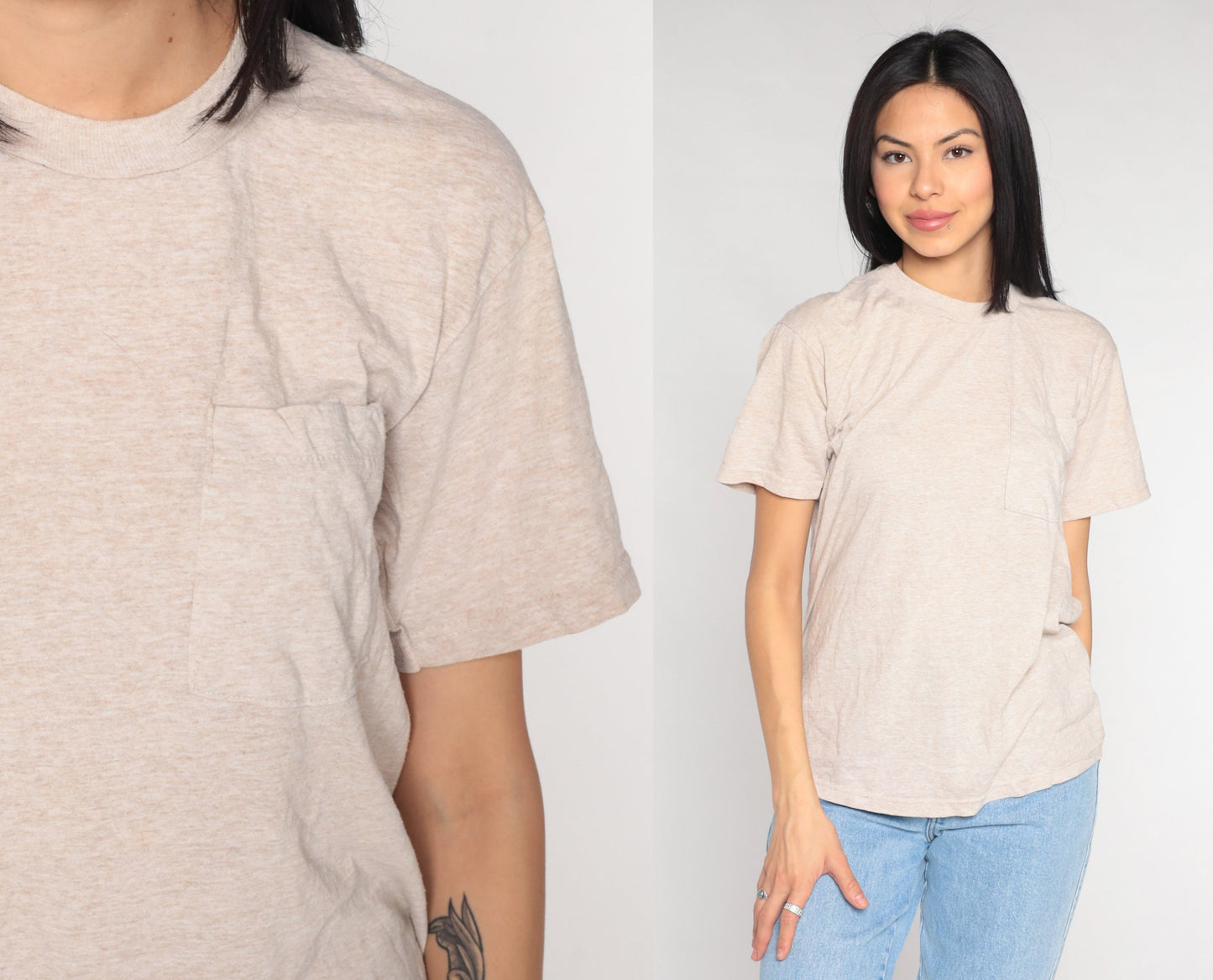 90s Fruit of the Loom Pocket Tee Heather Beige T-Shirt Medium M