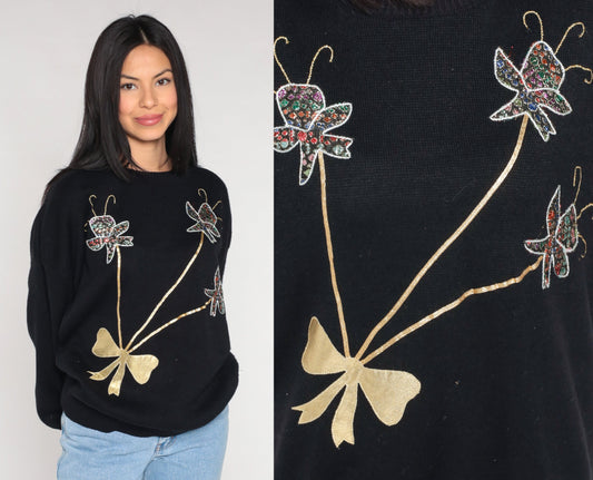 90s Metallic Floral Embellished Knit Sweater Black Gold Bow XL