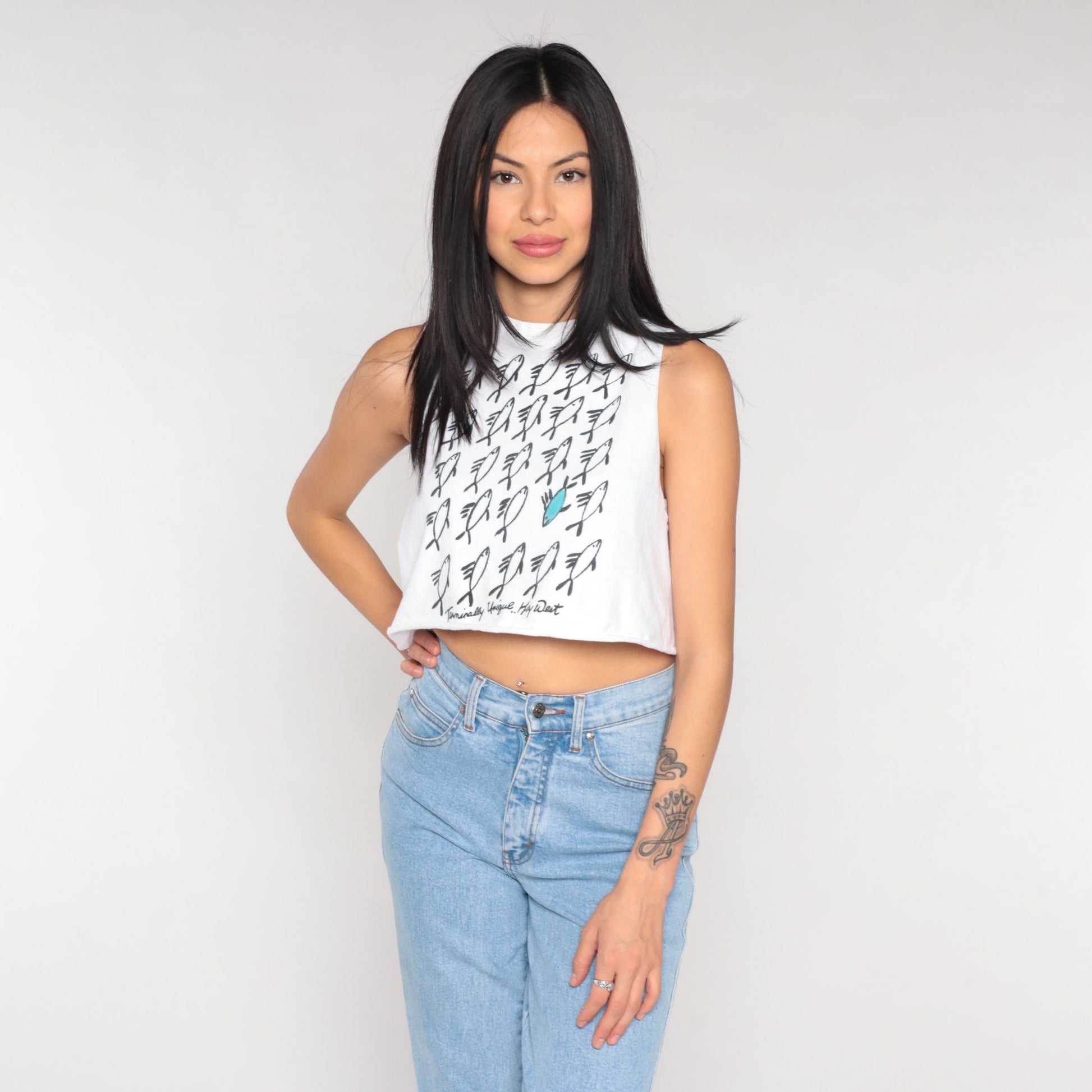 90s Key West Crop Tank Top White Fish Graphic Terminally Unique Small