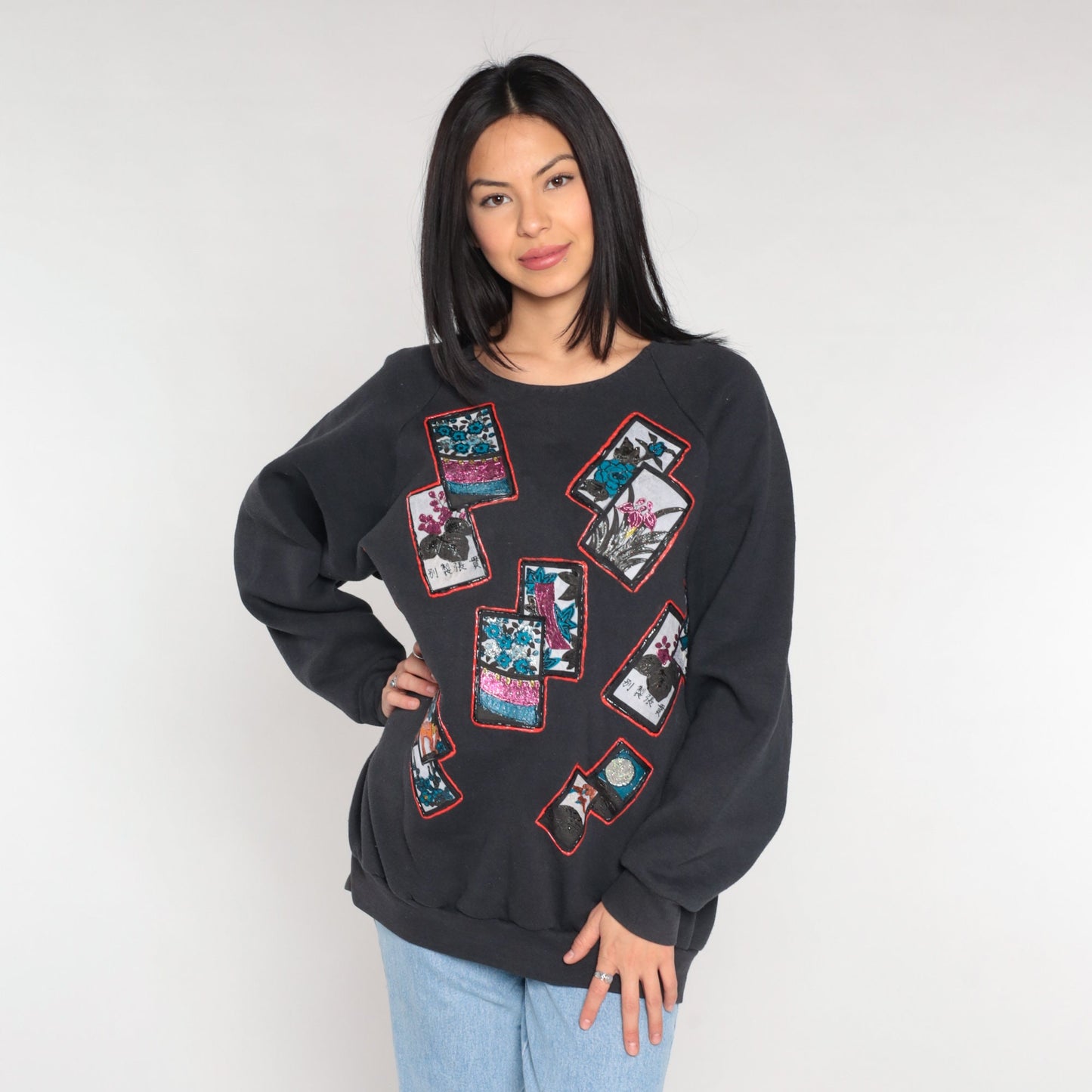 90s Glitter Floral Sweatshirt Black Asian Postcard Graphic Crewneck Extra Large XXL