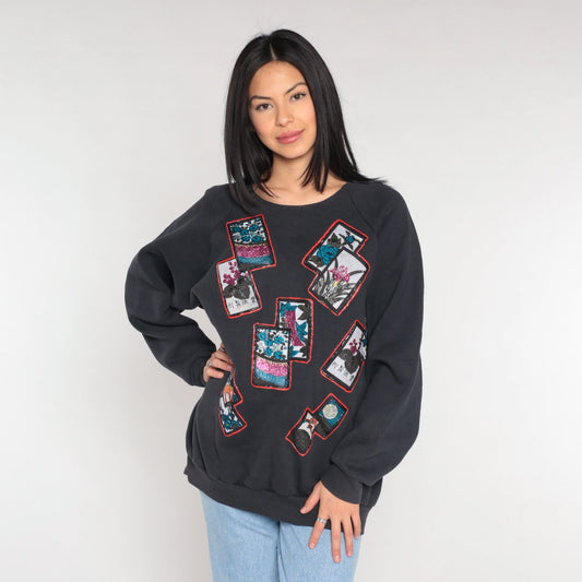 90s Glitter Floral Sweatshirt Black Asian Postcard Graphic Crewneck Extra Large XXL