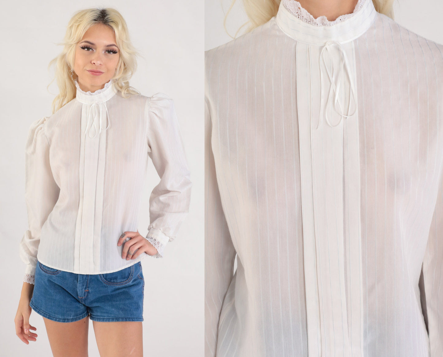 80s White Victorian Blouse Puff Sleeve Lace Trim Button-Up Small