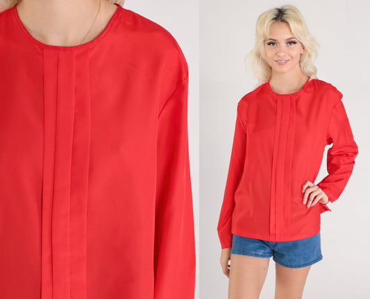 80s Red Pleated Long Sleeve Blouse Keyhole Button Back Medium