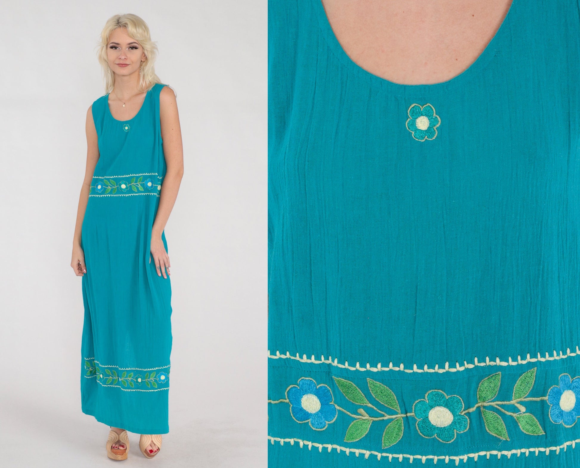 Y2K Turquoise Floral Embroidered Cotton Maxi Dress Sleeveless Large L
