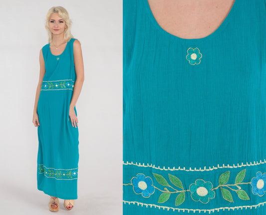 Y2K Turquoise Floral Embroidered Cotton Maxi Dress Sleeveless Large L