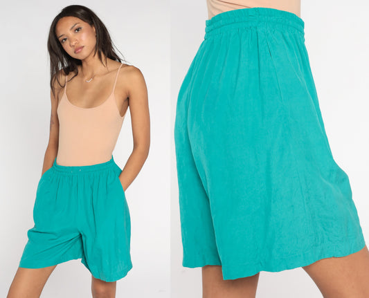 90s Clio Green Silk Shorts High Waist Baggy Pockets Medium M