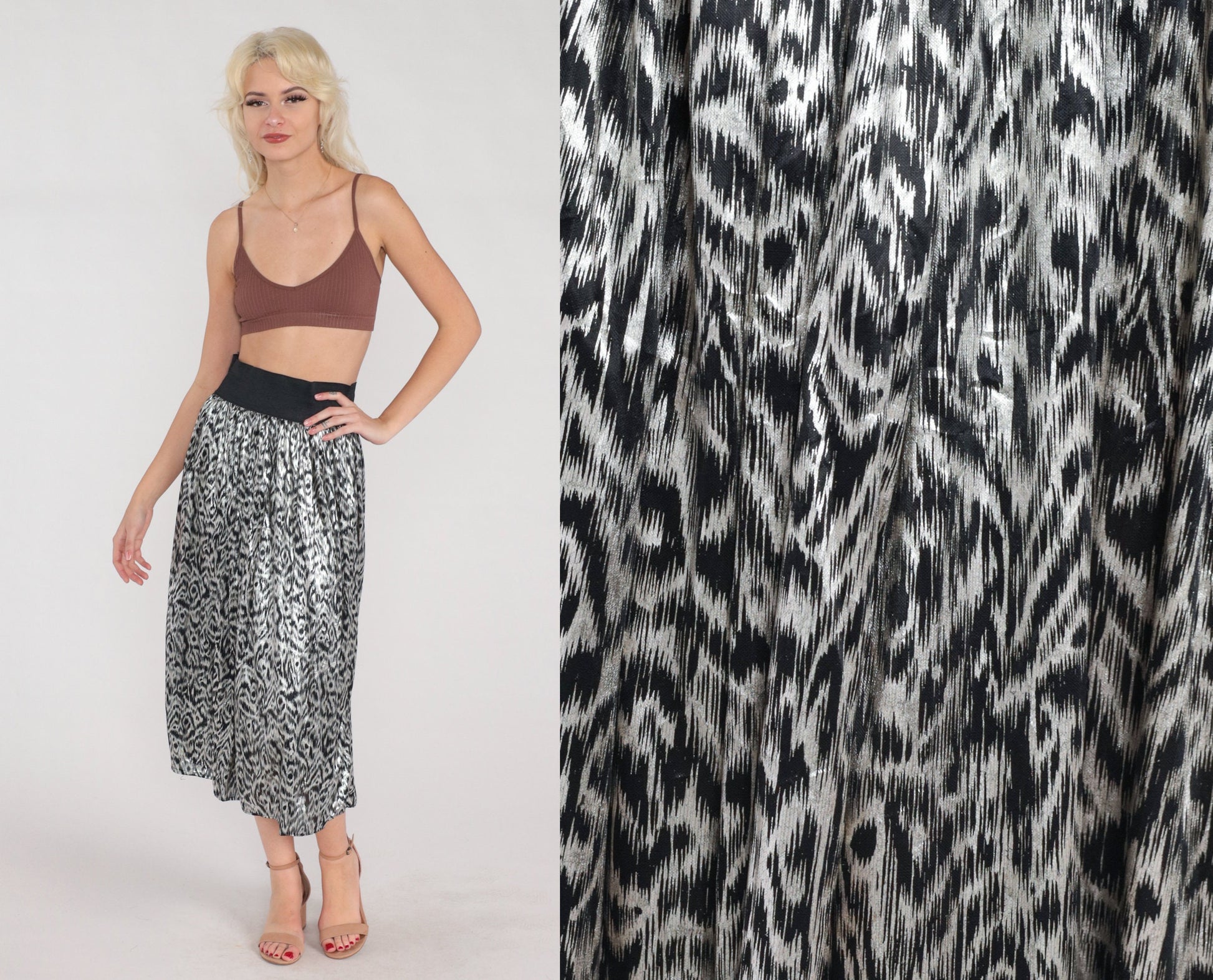 80s Metallic Abstract Midi Skirt Silver Black High Waist Elastic Extra Small