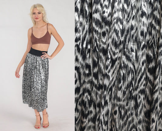 80s Metallic Abstract Midi Skirt Silver Black High Waist Elastic Extra Small