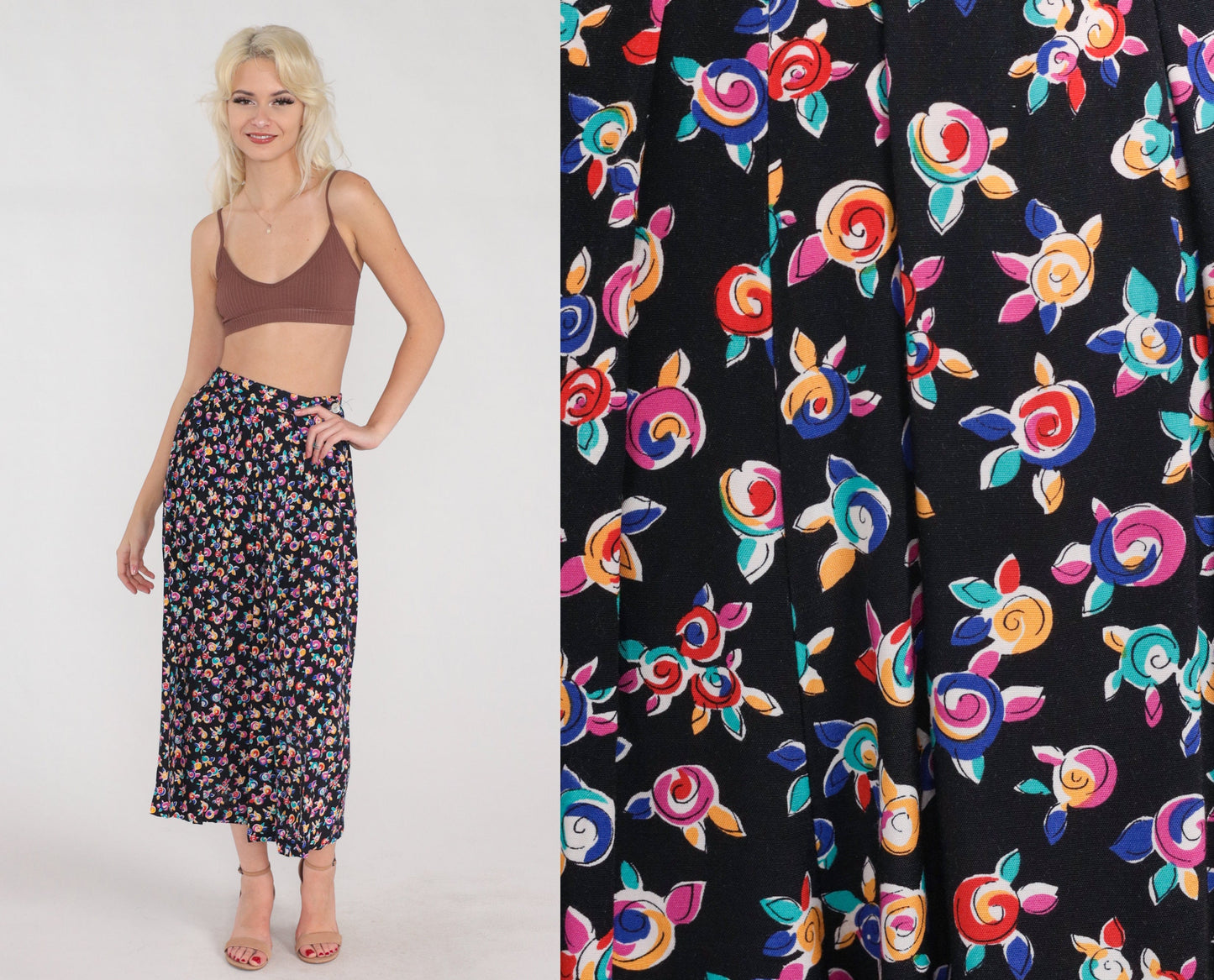 90s Black Floral Midi Skirt High Waist Pleated Rose Print Small