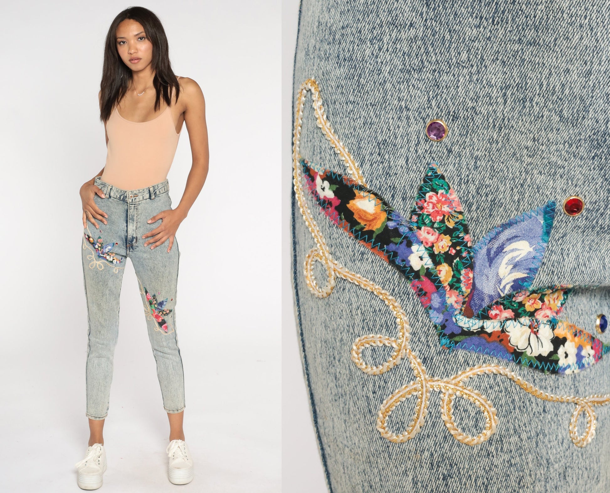 80s Acid Wash Beaded High-Waist Skinny Jeans Blue Denim Small