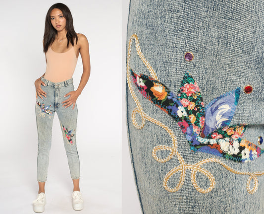 80s Acid Wash Beaded High-Waist Skinny Jeans Blue Denim Small