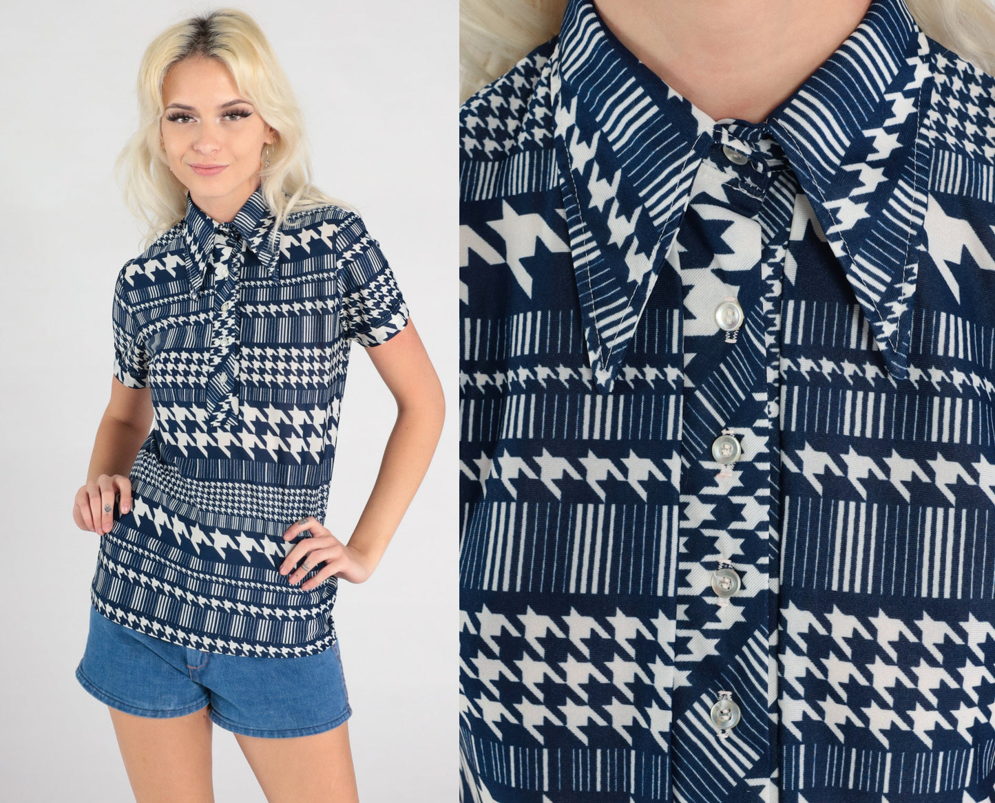 70s Checkered Polo Shirt Navy Houndstooth Dagger Collar Half Button Small