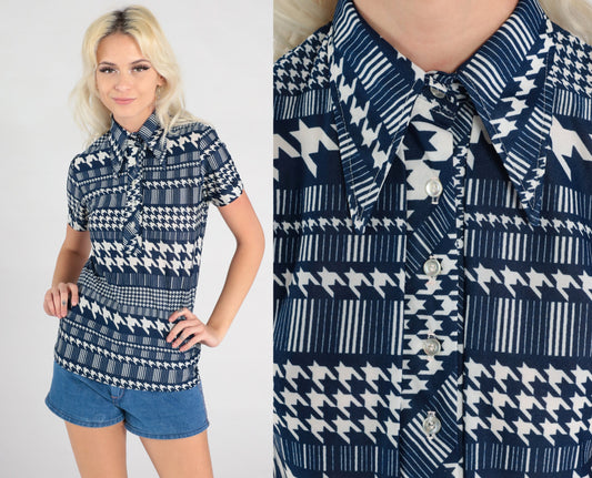 70s Checkered Polo Shirt Navy Houndstooth Dagger Collar Half Button Small