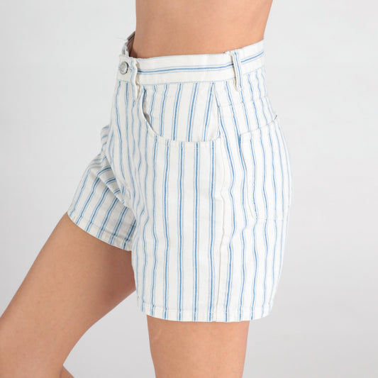 90s Bossini Striped Denim Shorts High Waisted White Blue Small S