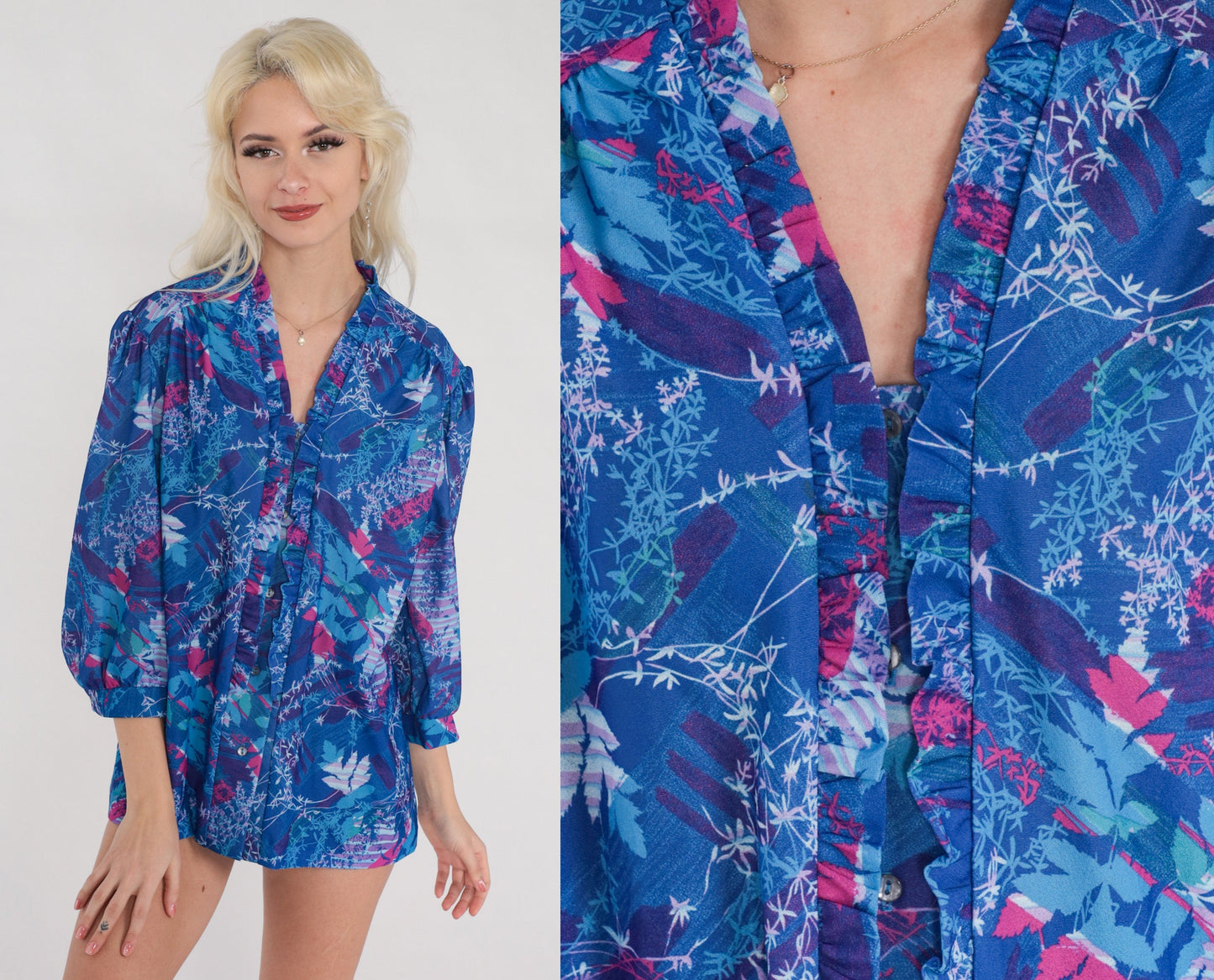 70s Floral Leaf Print Blouse Blue Purple Pink 3/4 Sleeve Ruffle Top Extra Large
