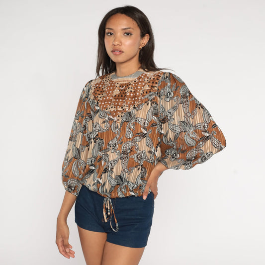 80s Diane Freis Paisley Floral Crop Top Puff Sleeve Blouse Brown Medium Large