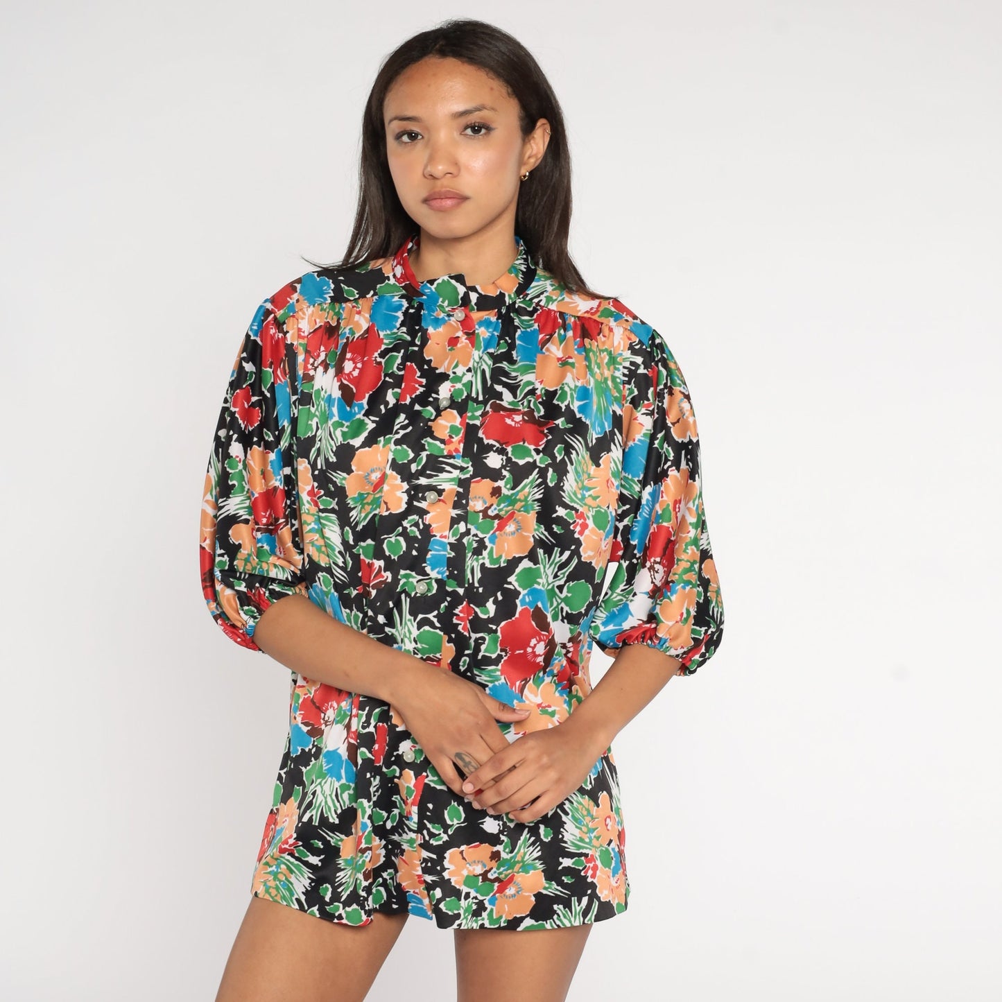 70s Floral Button-Up Blouse Black Multicolored Flower Print 3/4 Sleeve Extra Large