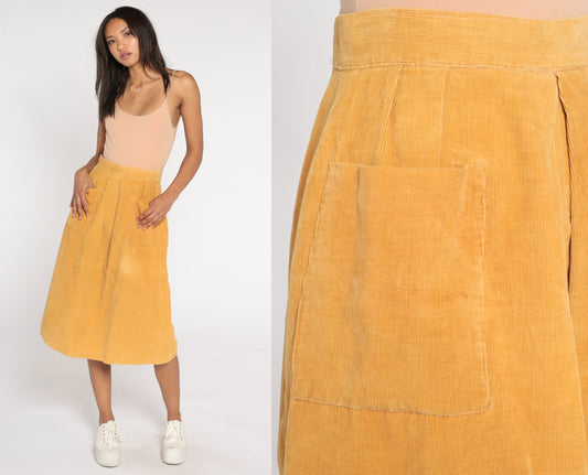 80s Mustard Yellow Corduroy Midi Skirt High Waist Pockets Extra Small