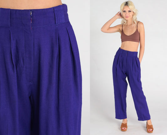 80s Purple Wool High-Waisted Pleated Trousers Straight Leg Small