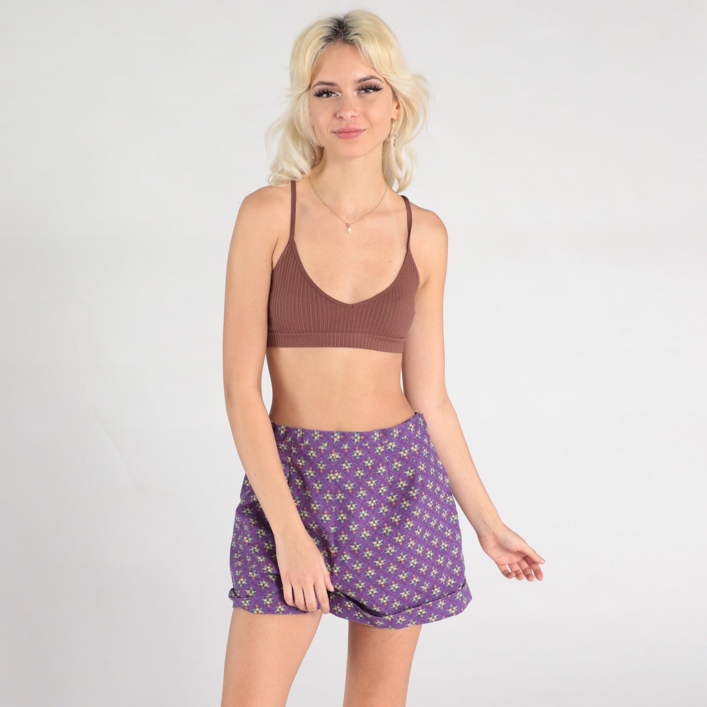 70s Purple Geometric High-Waisted Shorts Cuffed Trouser Bottoms Small