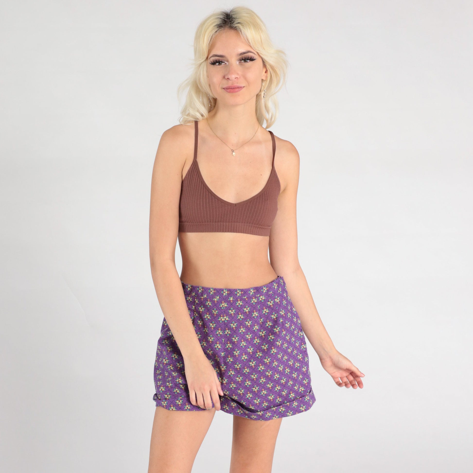 70s Purple Geometric High-Waisted Shorts Cuffed Trouser Bottoms Small