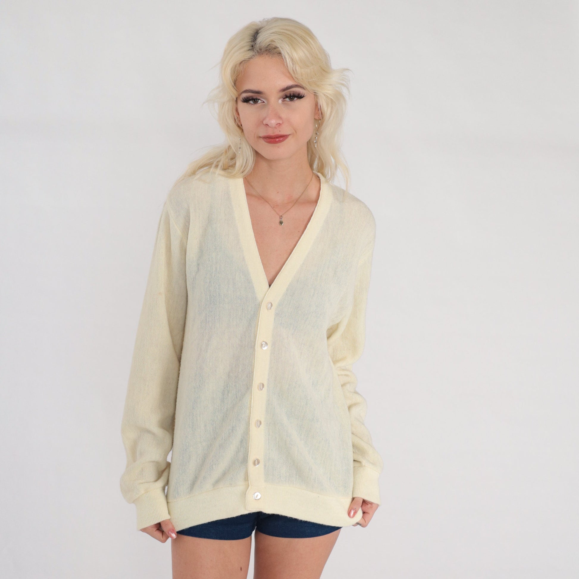 80s Cream Cardigan Semi Sheer Button Up Knit Sweater Medium