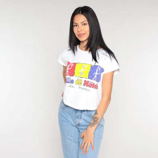90s Balle de Match French Tennis Crop Top Cap Sleeve Graphic Tee Small