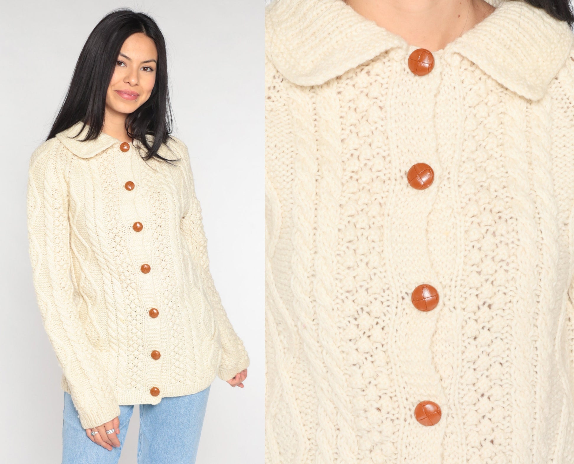 90s Cream Cable Knit Cardigan Button-Up Collared Sweater Small S